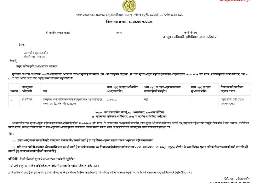 कृषि विभाग के PIO पर ₹25,000 का जुर्माना! RTI में लापरवाही पड़ी भारी — जानें 31 जुलाई 2026 का सख्त आदेश appeal number s01 c 0375 2025