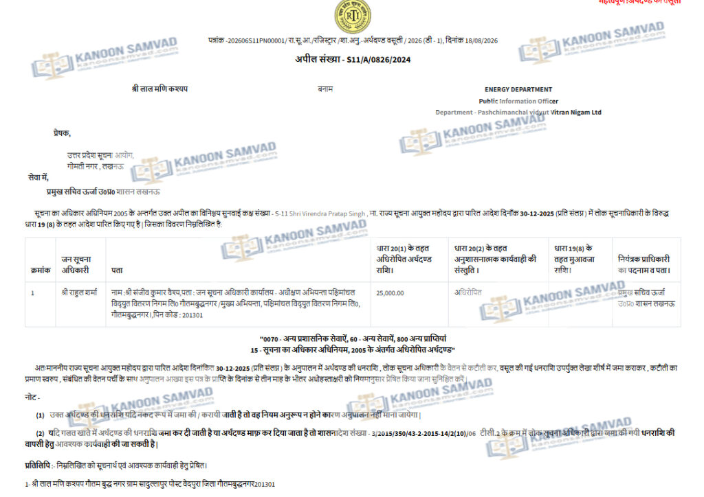 ऊर्जा विभाग के PIO पर ₹25,000 का जुर्माना और मुआवजा और विभागीय कार्रवाई की संस्तुति! RTI में लापरवाही पर कड़ा एक्शन — 11 जून 2026 का आदेश appeal number s11 a 0826 2024